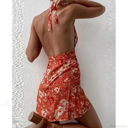 Y2K Floral Sleeveless Halter Neck Backless Floral Dress