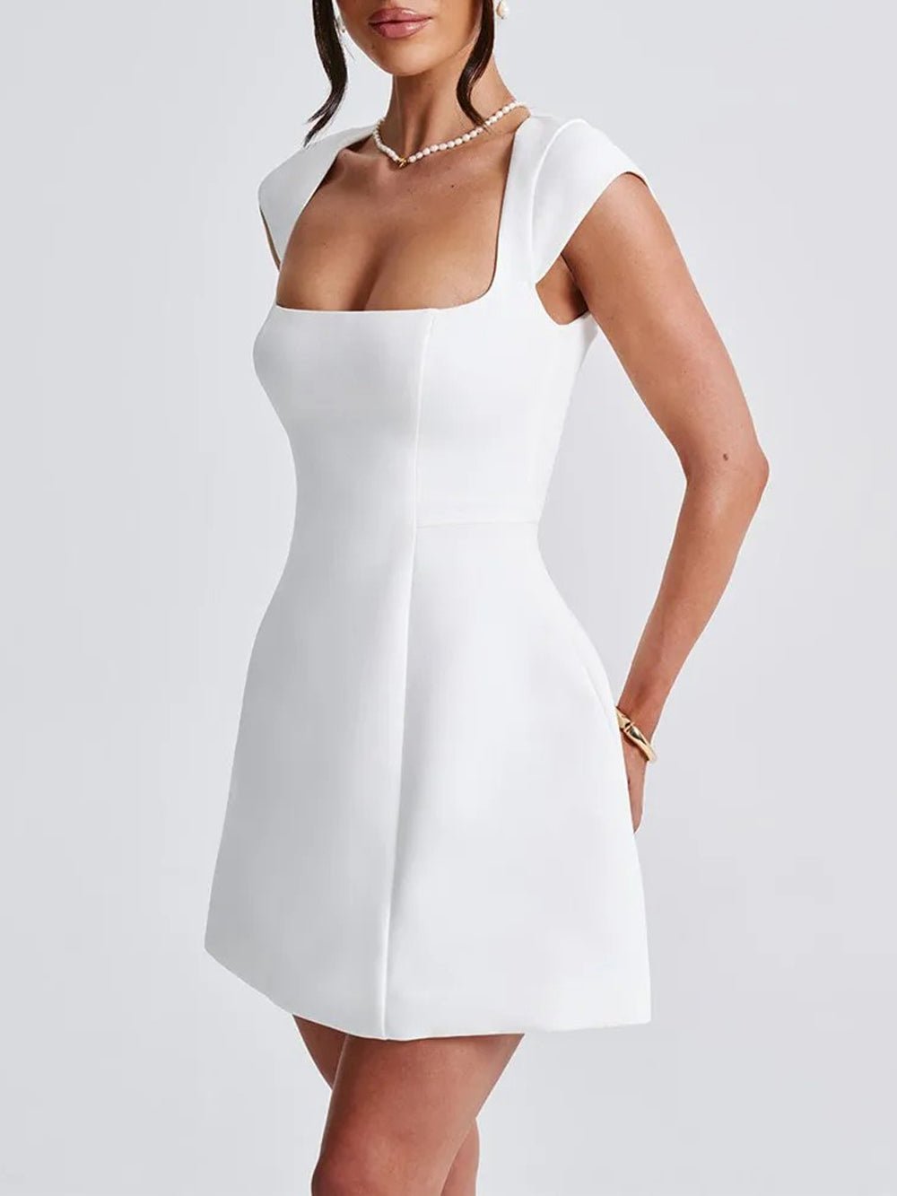 Square Neck Cap Sleeve Princess Seam Pocket Fit and Flare Mini Dress