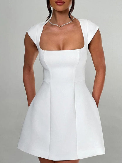 Square Neck Cap Sleeve Princess Seam Pocket Fit and Flare Mini Dress