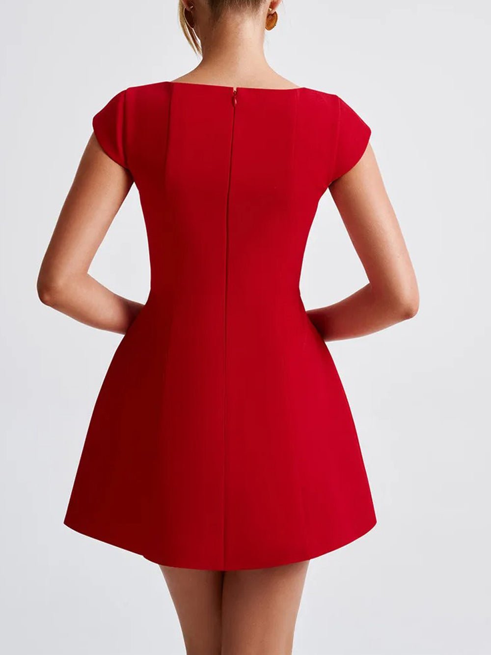 Square Neck Cap Sleeve Princess Seam Pocket Fit and Flare Mini Dress